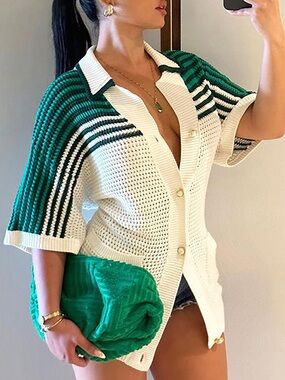 NWT SHEIN  Knit Button Down Shirt  Striped Short Sleeve Crochet cover up Top